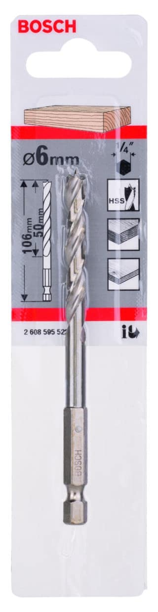 Träspiralborr med 1/4"-sexkantskaft