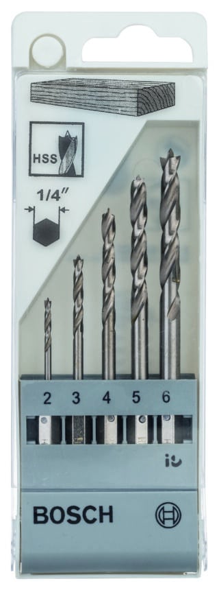 Träborrsats, sexkantigt skaft, 5 delar, 2¿6 mm